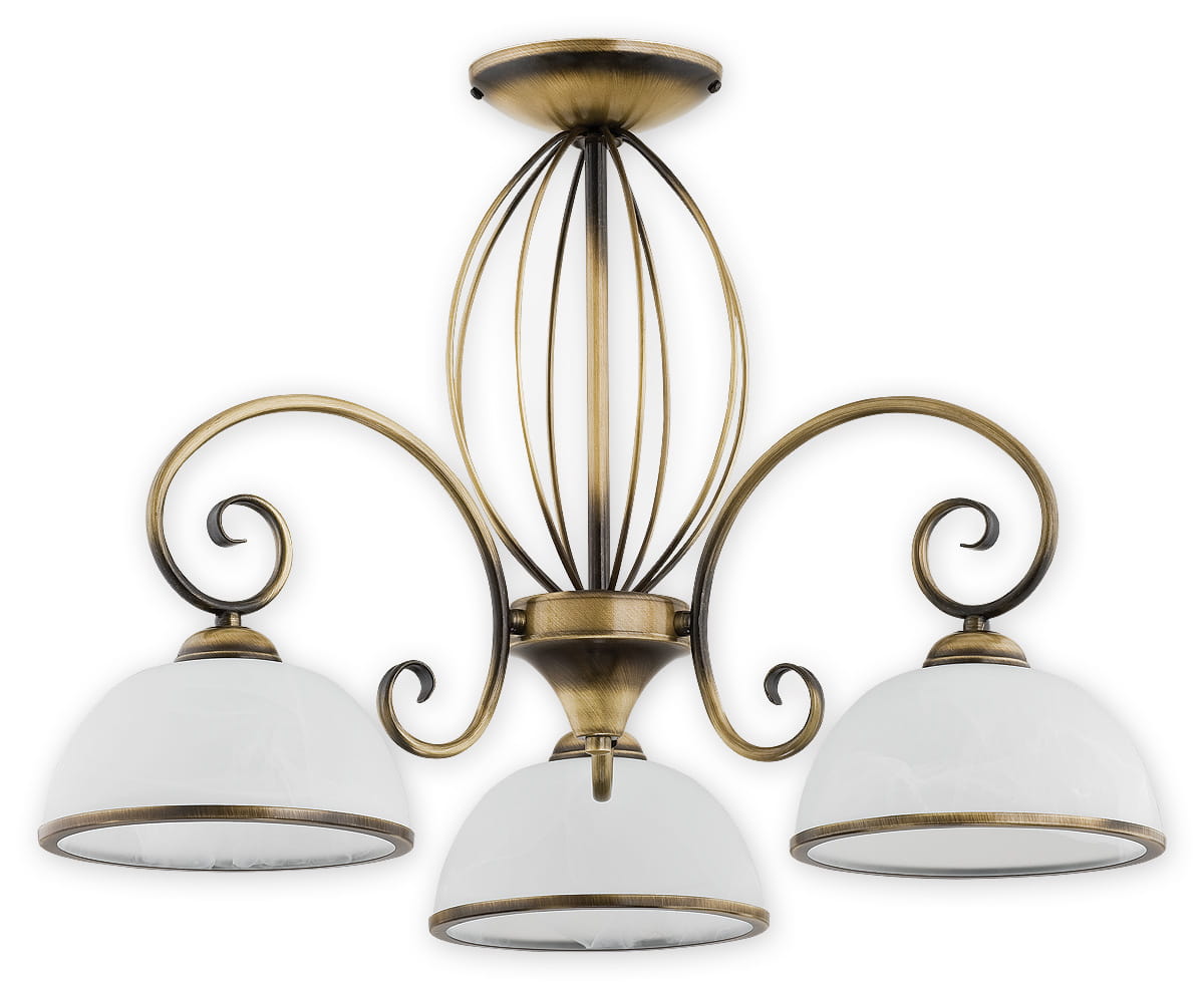 Żyrandol Indra 3-punktowy w kolorze antycznego złota z białymi kloszami. Posiada trzy ramiona z ozdobnymi spiralami, zamontowany na sufitowej podstawie. Klosze o półkulistym kształcie z metalicznymi obręczami.