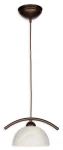 Lampa wisząca Loko O1747 RW w kolorze brązowym z metalowym stelażem i białym, szklanym kloszem o łukowatym kształcie. Zawieszona na cienkim przewodzie, z okrągłym mocowaniem sufitowym. Idealna do nowoczesnych wnętrz.