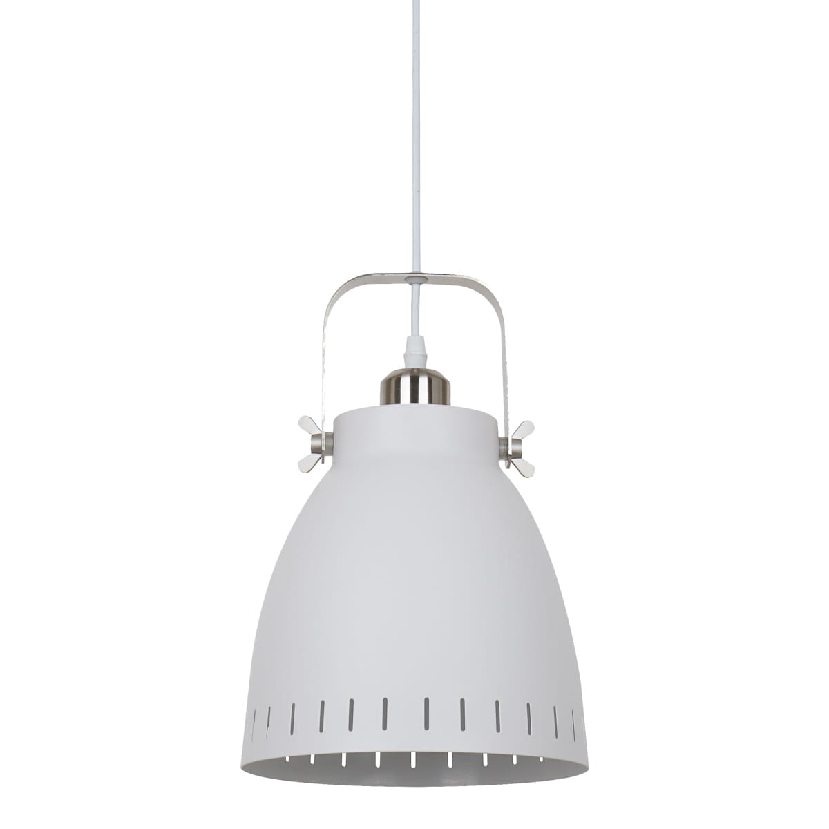 Lampa wisząca Franklin 1-punktowa w kolorze białym z metalowym wykończeniem. Okrągły klosz z wycięciami u dołu, zawieszona na białym kablu. Elegancka, minimalistyczna forma, idealna do nowoczesnych wnętrz.