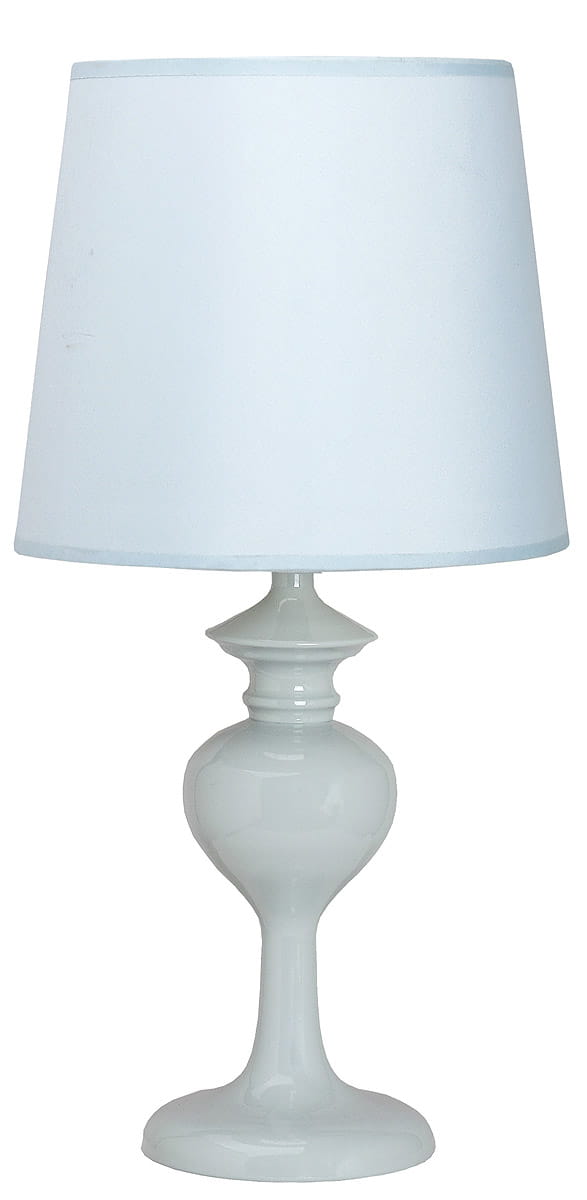 Lampka stołowa Berkan z białym kloszem, ceramiczną podstawą w kształcie owalnym i smukłą nogą. Ujęcie frontalne, produkt stoi na płaskiej powierzchni. Idealna do użytku w różnych aranżacjach wnętrz.