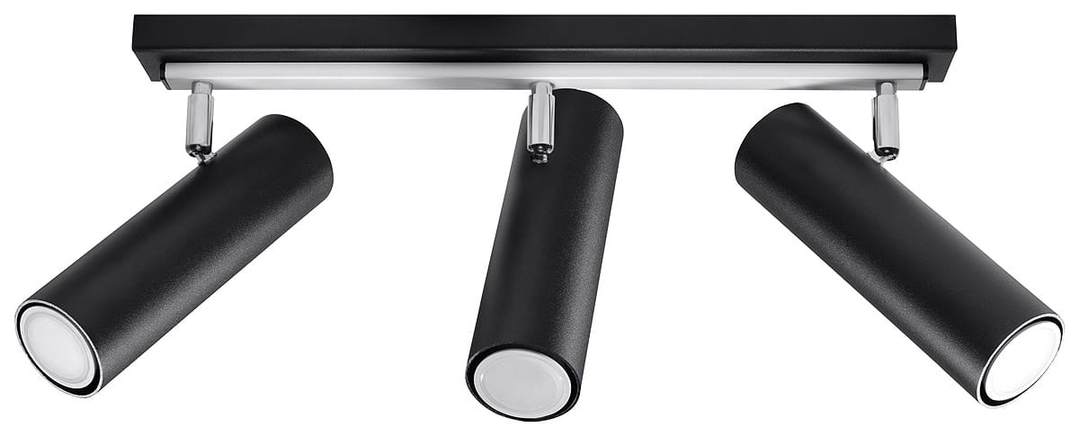 Lampa sufitowa Direzione 3-punktowa w kolorze czarnym. Trzy cylindryczne reflektory umieszczone na metalowej konstrukcji, skierowane w różnych kierunkach, z chromowanymi mocowaniami. Prosty, nowoczesny design.