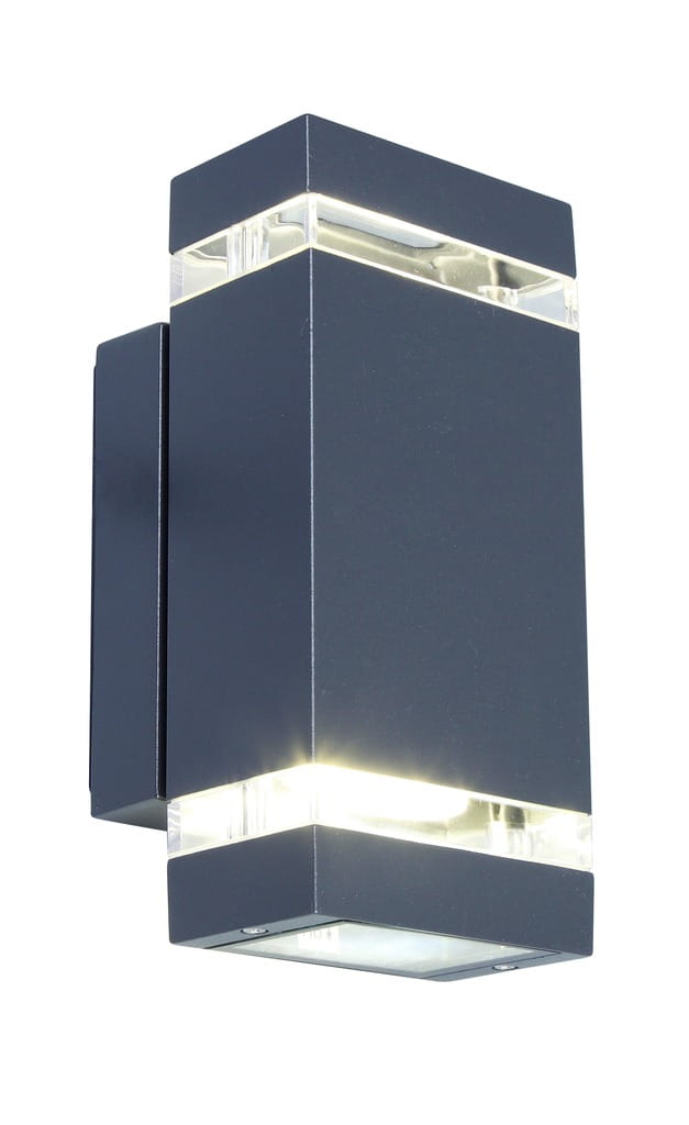 Kinkiet elewacyjny Focus LED, ciemnoszary, 2-punktowy. Prosty, prostokątny kształt z przezroczystymi detalami u góry i na dole. Montowany na ścianie, emitujący światło w górę i w dół, idealny do oświetlenia zewnętrznego.