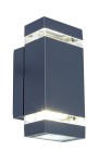 Kinkiet elewacyjny Focus LED, ciemnoszary, 2-punktowy. Prosty, prostokątny kształt z przezroczystymi detalami u góry i na dole. Montowany na ścianie, emitujący światło w górę i w dół, idealny do oświetlenia zewnętrznego.