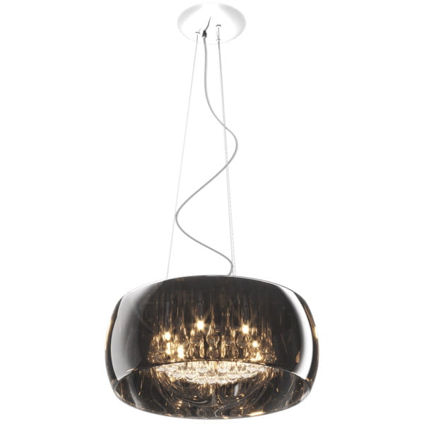 Lampa wisząca Crystal, duża, 6-punktowa, o okrągłym kształcie z przezroczystym kloszem w kolorze ciemnego szkła. Zawieszona na cienkich linkach, z metalowym mocowaniem sufitowym. Oświetlenie wewnętrzne z wyraźnymi żarówkami.