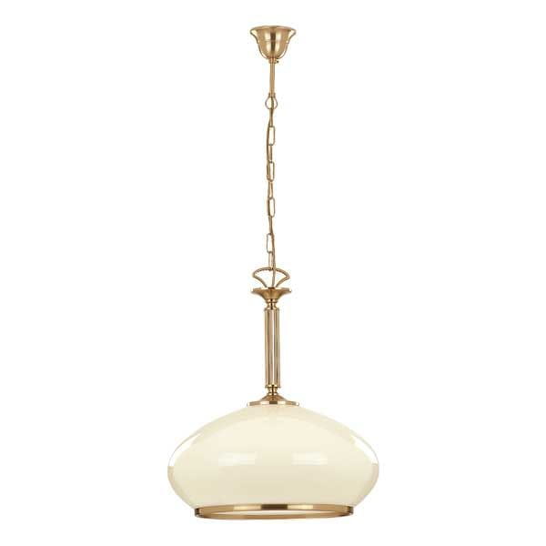 Lampa wisząca Astoria 1-punktowa, ze złotym wykończeniem i białym, zaokrąglonym kloszem. Zawieszona na łańcuchu, z subtelnym detalem w górnej części. Oświetlenie o klasycznym designie, idealne do wnętrz.