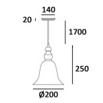 Lampa wisząca Paris P01789BK o kształcie dzwonu, średnica 200 mm, wysokość 1700 mm. Metalowa konstrukcja z dekoracyjnym elementem na zawieszeniu. Widoczne wymiary: 140 mm, 250 mm. Idealna do nowoczesnych wnętrz.