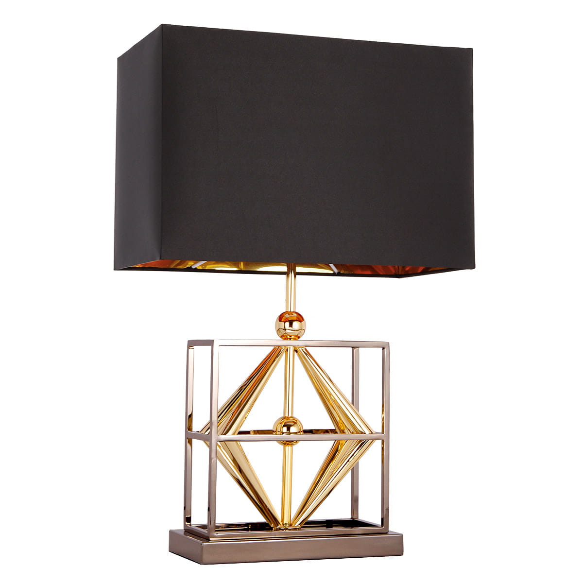 Lampa stołowa Quito 1-punktowa z czarnym abażurem i złotą podstawą. Podstawa ma geometryczny kształt z metalowym wykończeniem, a abażur prostokątny, wykonany z materiału. Produkt stoi na stabilnej podstawie.