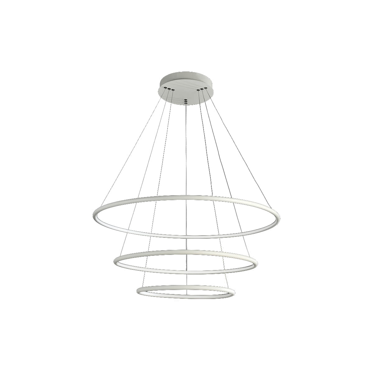 Biała lampa wisząca Orion LED, 3-punktowa, z trzema okrągłymi pierścieniami, zawieszona na cienkich linkach. Widziana z dołu, na prostym tle, bez dodatkowych elementów. Idealna do nowoczesnych wnętrz.