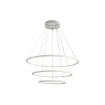 Biała lampa wisząca Orion LED, 3-punktowa, z trzema okrągłymi pierścieniami, zawieszona na cienkich linkach. Widziana z dołu, na prostym tle, bez dodatkowych elementów. Idealna do nowoczesnych wnętrz.