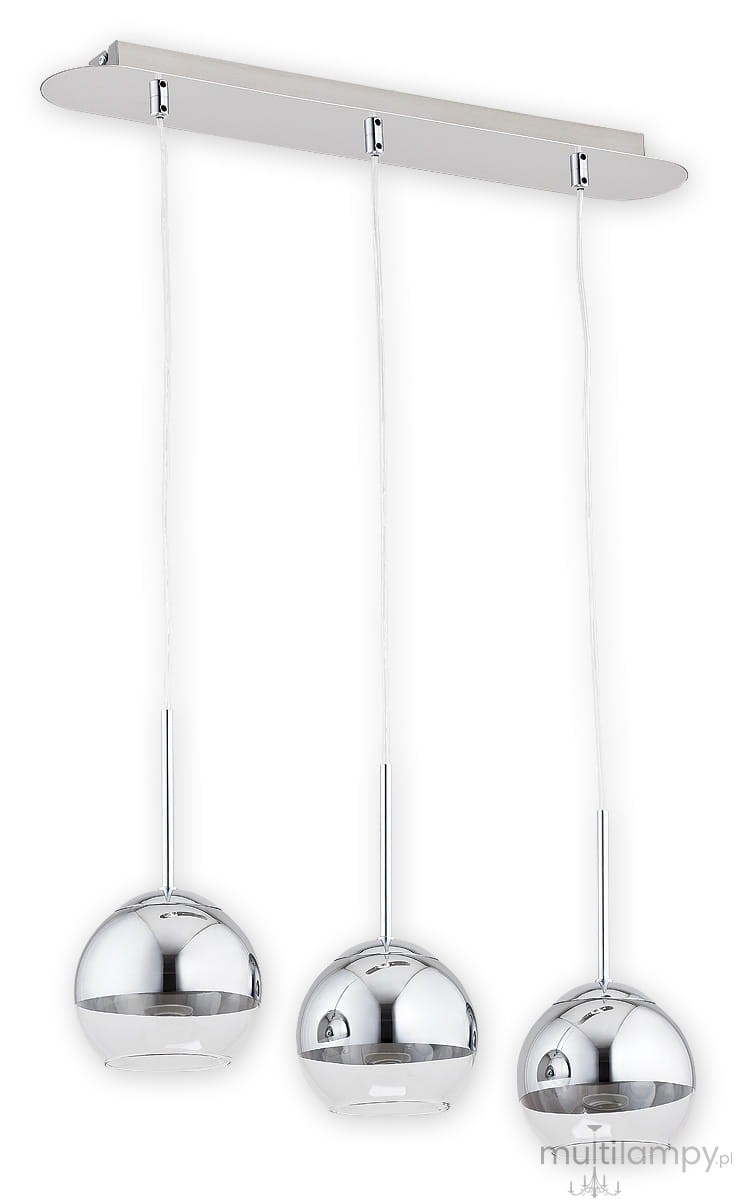Lampa wisząca Colours 3-punktowa O2543 W3 CH w chromowanym wykończeniu, składająca się z trzech okrągłych kloszy zawieszonych na cienkich, przezroczystych linkach. Montaż na prostokątnej podstawie.
