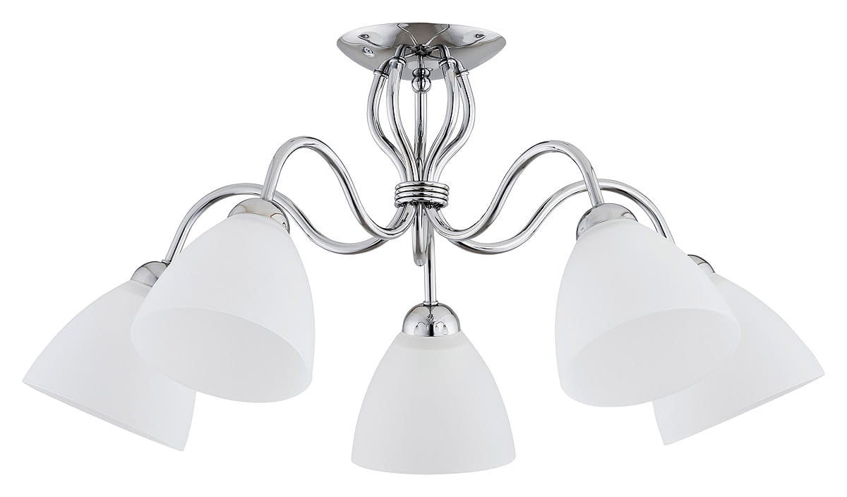 Lampa sufitowa Ariel 5-punktowa w kolorze chromu. Posiada pięć kloszy w kształcie stożków z matowego szkła. Ujęcie z góry, ukazujące eleganckie, faliste ramiona oraz centralny element mocujący. Idealna do nowoczesnych wnętrz.