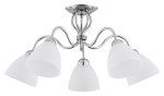 Lampa sufitowa Ariel 5-punktowa w kolorze chromu. Posiada pięć kloszy w kształcie stożków z matowego szkła. Ujęcie z góry, ukazujące eleganckie, faliste ramiona oraz centralny element mocujący. Idealna do nowoczesnych wnętrz.
