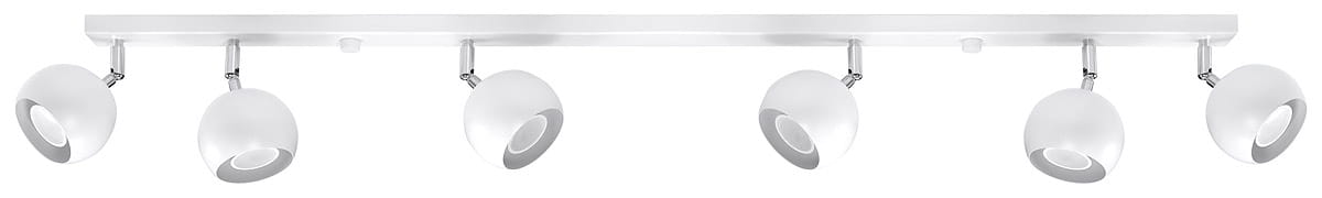 Lampa sufitowa Oculare, 6-punktowa, w białym kolorze. Wyposażona w okrągłe klosze z metalicznymi detalami, zamontowana na prostokątnej podstawie. Klosze regulowane, co umożliwia kierunkowe oświetlenie. Idealna do nowoczesnych wnętrz.