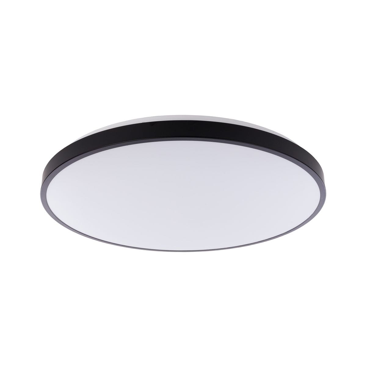 Plafon Agnes Round LED D64 w kolorze czarnym, o okrągłym kształcie. Wykończenie matowe, z białą, płaską powierzchnią. Wymiary: średnica D64 cm, moc 64W, temperatura barwowa 3000K, stopień ochrony IP44. Zamontowany pod sufitem, widoczny z boku.
