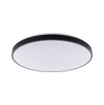 Plafon Agnes Round LED D64 w kolorze czarnym, o okrągłym kształcie. Wykończenie matowe, z białą, płaską powierzchnią. Wymiary: średnica D64 cm, moc 64W, temperatura barwowa 3000K, stopień ochrony IP44. Zamontowany pod sufitem, widoczny z boku.
