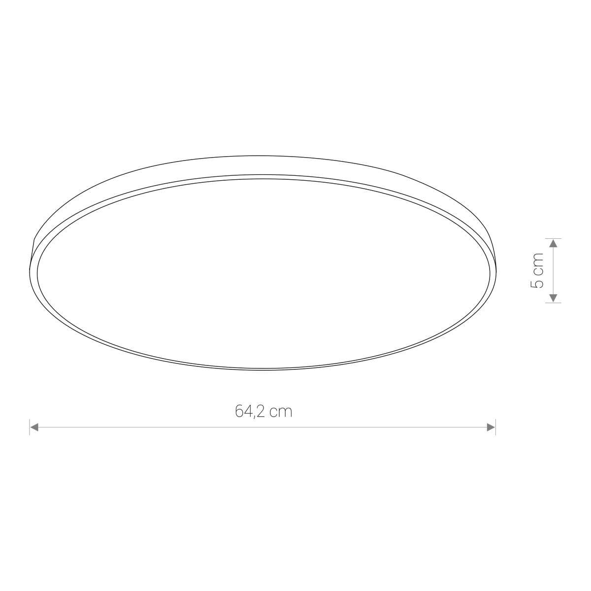 Plafon Agnes Round LED o średnicy 64,2 cm i wysokości 5 cm, w kolorze czarnym. Posiada klasę szczelności IP44, moc 64W oraz temperaturę barwową 3000K. Produkt prezentowany z boku, ukazujący jego okrągły kształt oraz wymiary.