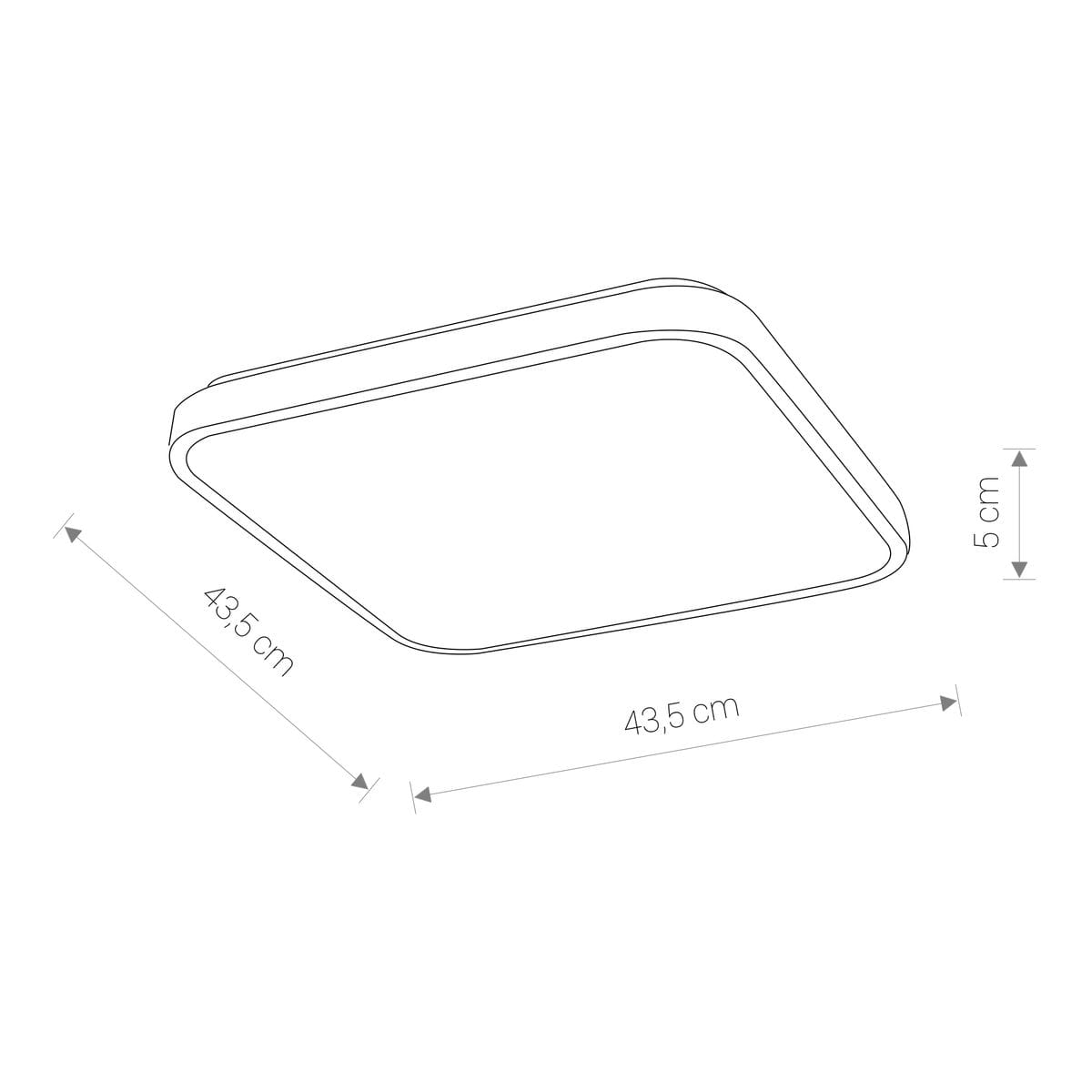Plafon Agnes Square LED w kolorze białym o wymiarach 43,5 cm x 43,5 cm i grubości 5 cm, z klasą szczelności IP44, mocą 32W i temperaturą barwową 3000K. Kąt ujęcia z góry, pokazujący prostokątny kształt i minimalistyczny design.