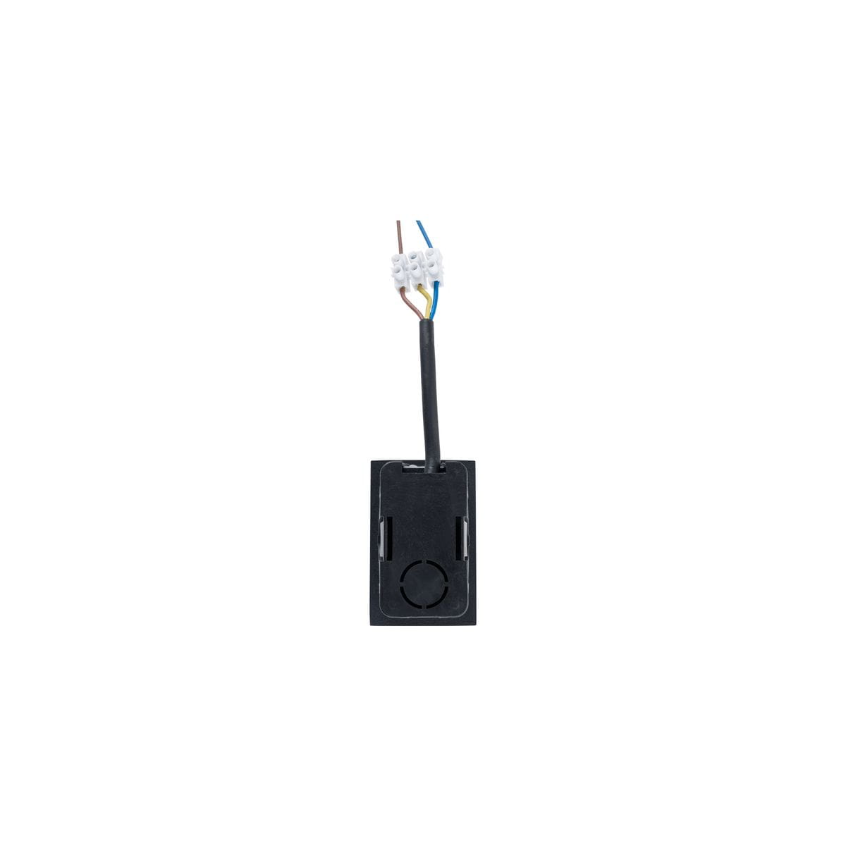 Oprawa zewnętrzna Bay S LED w kolorze czarnym, do zabudowy, z widocznymi przewodami elektrycznymi. Produkt ma prostokątny kształt z okrągłym otworem w centralnej części, umieszczony na białym tle.