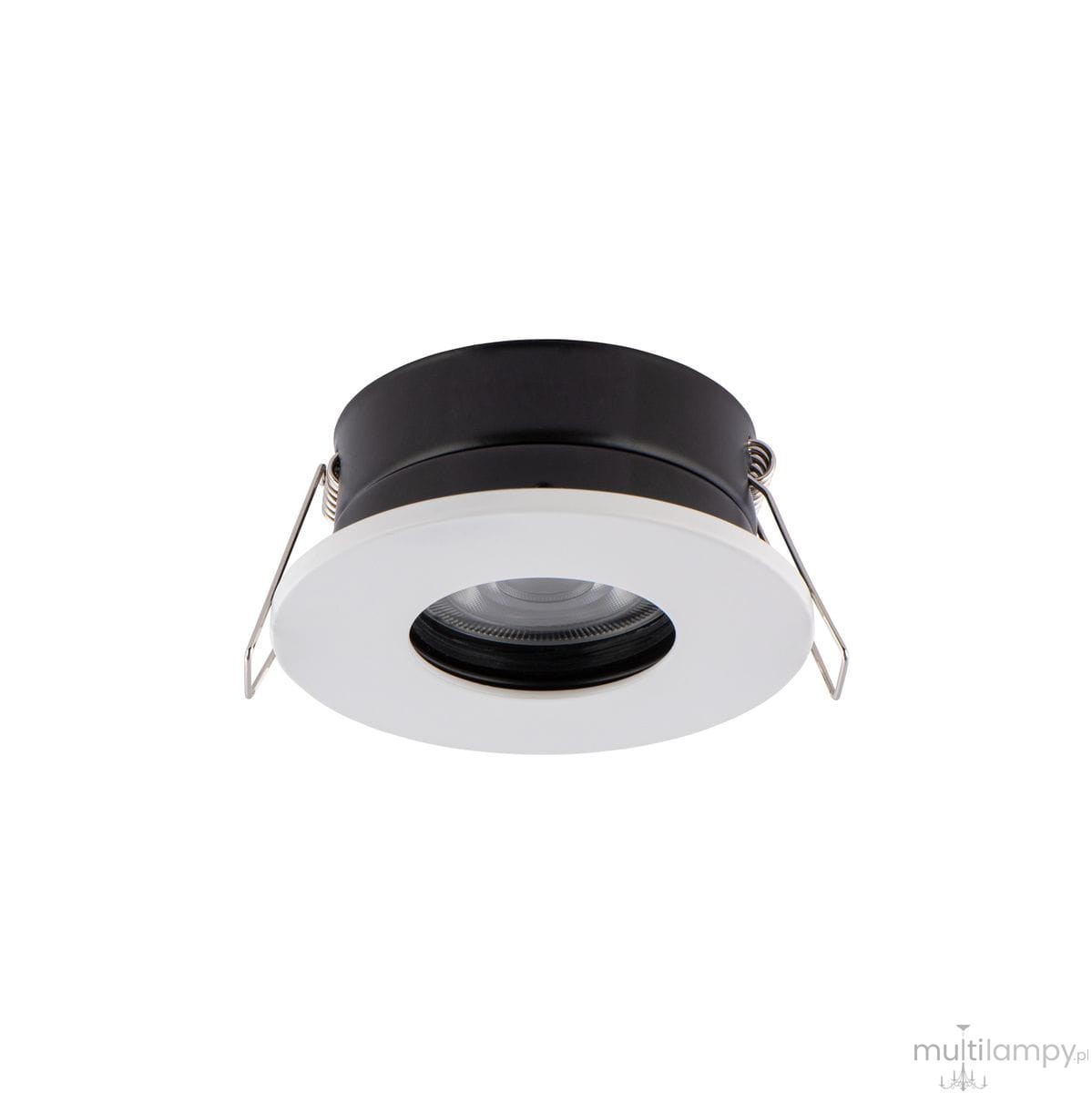 Oprawa do zabudowy Golf IP54 w kolorze białym, okrągła, z czarnym wnętrzem. Widoczny jest mechanizm montażowy oraz szkło w centralnej części. Produkt prezentowany z góry, z uchwytami po bokach do zamontowania. Idealna do oświetlenia wnętrz.