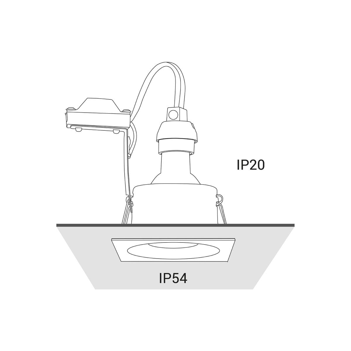 Okrągła oprawa do zabudowy Delta IP54 w kolorze czarnym, z oznaczeniem IP54, montowana w suficie. Widoczny detal mocowania oraz kształt lampy. Przeznaczona do użytku wewnętrznego.