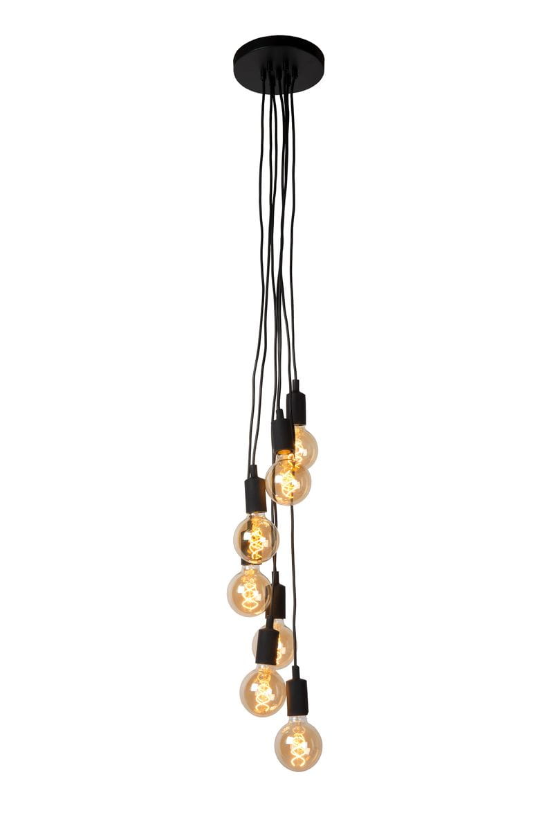 Czarna lampa wisząca Fix Multiple z siedmioma żarówkami. Kable w czarnym oplocie zwisają z okrągłej podstawy sufitowej, tworząc dynamiczny układ. Żarówki mają przezroczyste klosze, odsłaniające spiralne włókna. Idealna do nowoczesnych wnętrz.