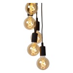 Lampa wisząca Fix Multiple, 7-punktowa, w kolorze czarnym. Składa się z sześciu okrągłych żarówek z przezroczystym kloszem zawieszonych na czarnych przewodach. Widoczne spiralne żarniki emitujące ciepłe światło, zawieszona w pionie.