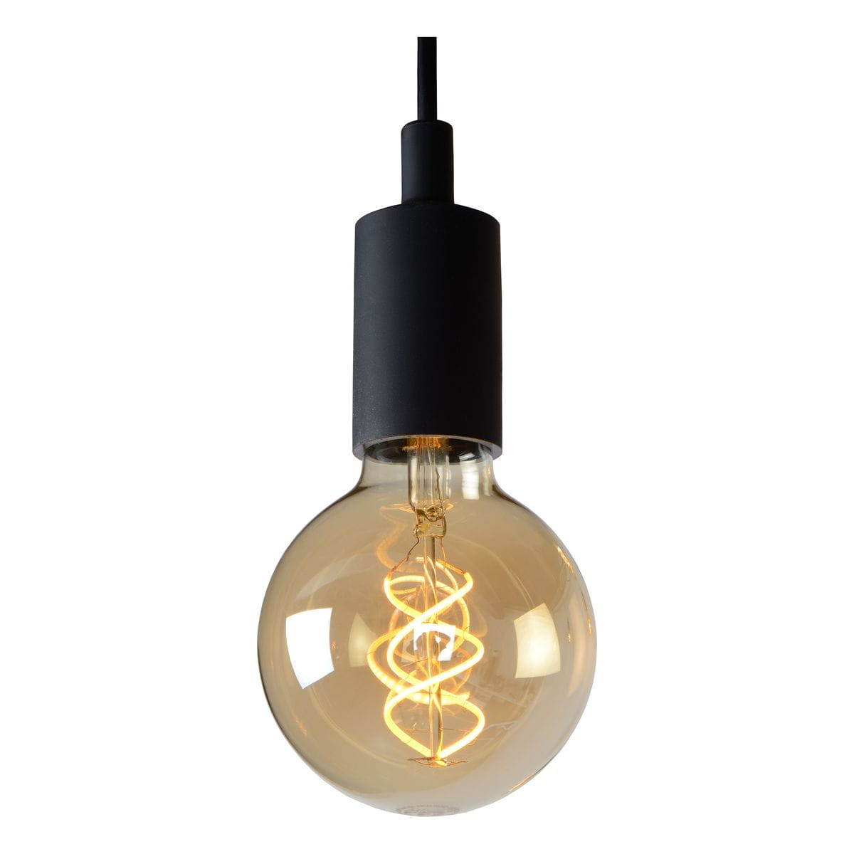 Lampa wisząca Fix Multiple, czarna, z 7 punktami świetlnymi. Widoczna żarówka z spiralnym włóknem w szklanej, przezroczystej bańce. Kąt ujęcia z dołu, podkreślający minimalistyczny design. Przewód w czarnym kolorze, zawieszona w pozycji pionowej.