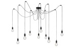 Czarna lampa wisząca Fix Multiple z 10 punktami świetlnymi. Kabelki w różnych długościach tworzą dynamiczny wygląd. Żarówki umieszczone na czarnych oprawach, zawieszone pod sufitem. Ujęcie z góry, ukazujące całą konstrukcję.