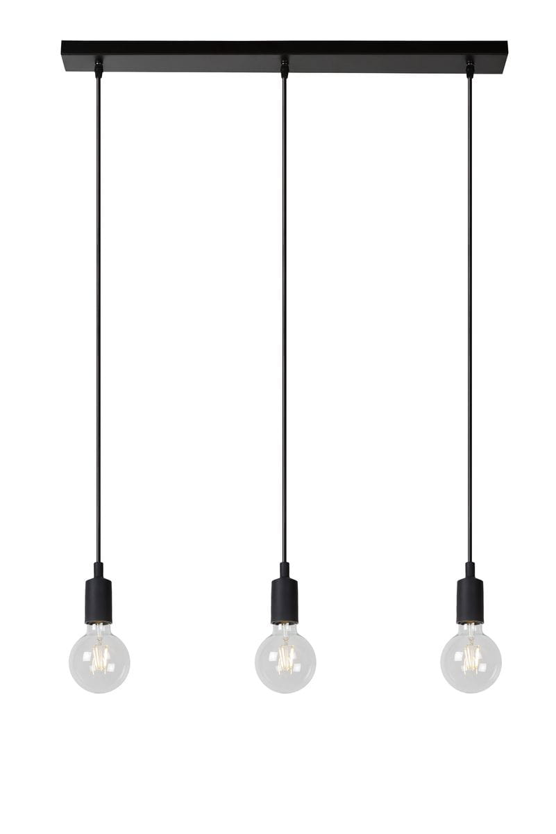 Czarna lampa wisząca Fix Multiple z trzema punktami świetlnymi, zawieszona na prostokątnej, czarnej podstawie. Każda żarówka osadzona w matowym uchwycie, lampa wisi na długich, cienkich kablach. Prosty, nowoczesny design.