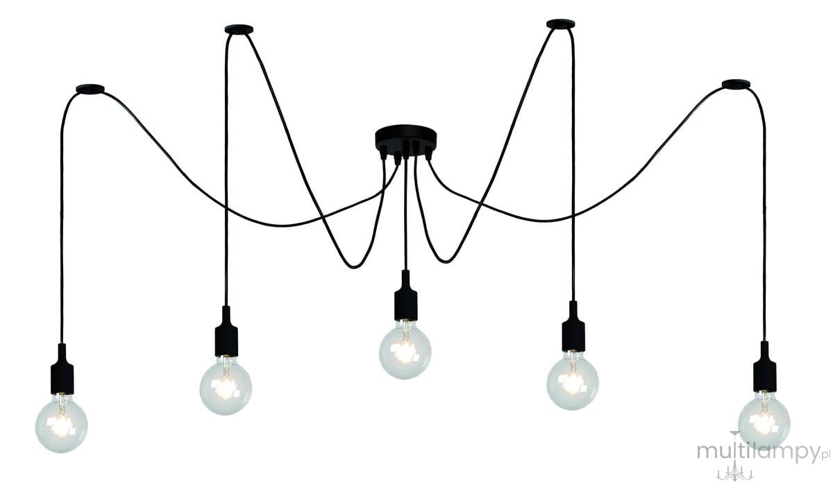 Lampa wisząca Fix Multiple 5-punktowa w kolorze czarnym. Posiada pięć przezroczystych żarówek zawieszonych na różnych wysokościach, z czarnymi oprawkami i przewodami. Montaż sufitowy, minimalistyczny design, idealna do nowoczesnych aranżacji.