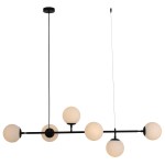Lampa wisząca Alisa 6-punktowa w kolorze czarnym i białym. Składa się z sześciu okrągłych kloszy z matowego szkła zawieszonych na poziomej metalowej rurze. Klosze są równomiernie rozmieszczone, wiszące na czarnych przewodach.