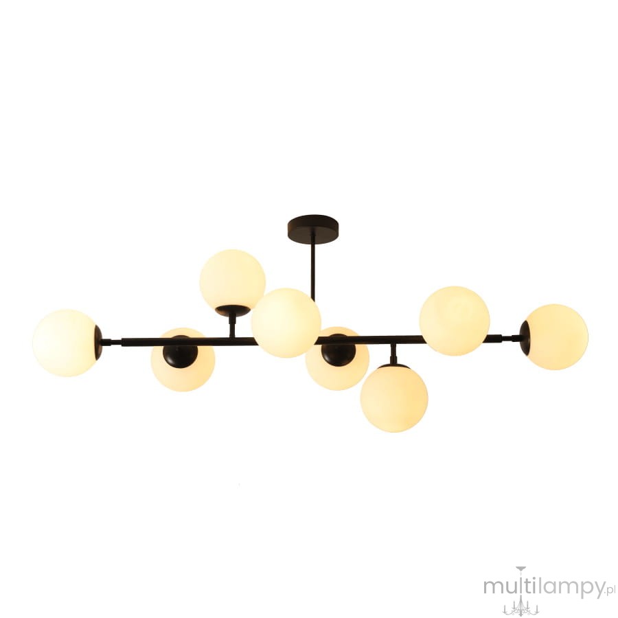 Czarna lampa wisząca Dorado LP-002/8P z ośmioma okrągłymi kloszami z mlecznego szkła. Ułożona w formie rozgałęzienia, zawieszona na cienkim stelażu. Klosze rozmieszczone równomiernie, tworzą nowoczesny design.