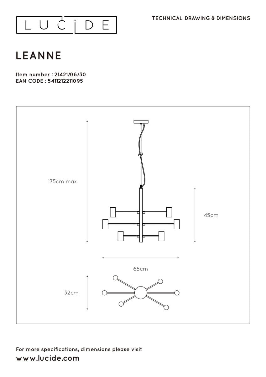 Lampa wisząca Leanne 6-punktowa w kolorze czarnym, o wymiarach 65 cm szerokości, 45 cm wysokości, z maksymalną długością zwisu 175 cm. Prosty, nowoczesny design z sześcioma źródłami światła rozmieszczonymi na równych odstępach.