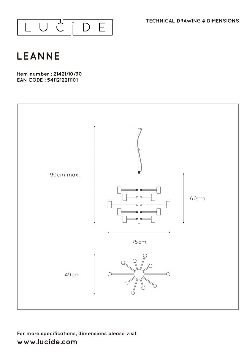 Czarna lampa wisząca Leanne z 10 punktami świetlnymi, o wymiarach 190 cm maks. wysokości, 60 cm szerokości i 75 cm długości. Prosta, nowoczesna konstrukcja z prostokątnymi kloszami, zawieszona na cienkim kablu.