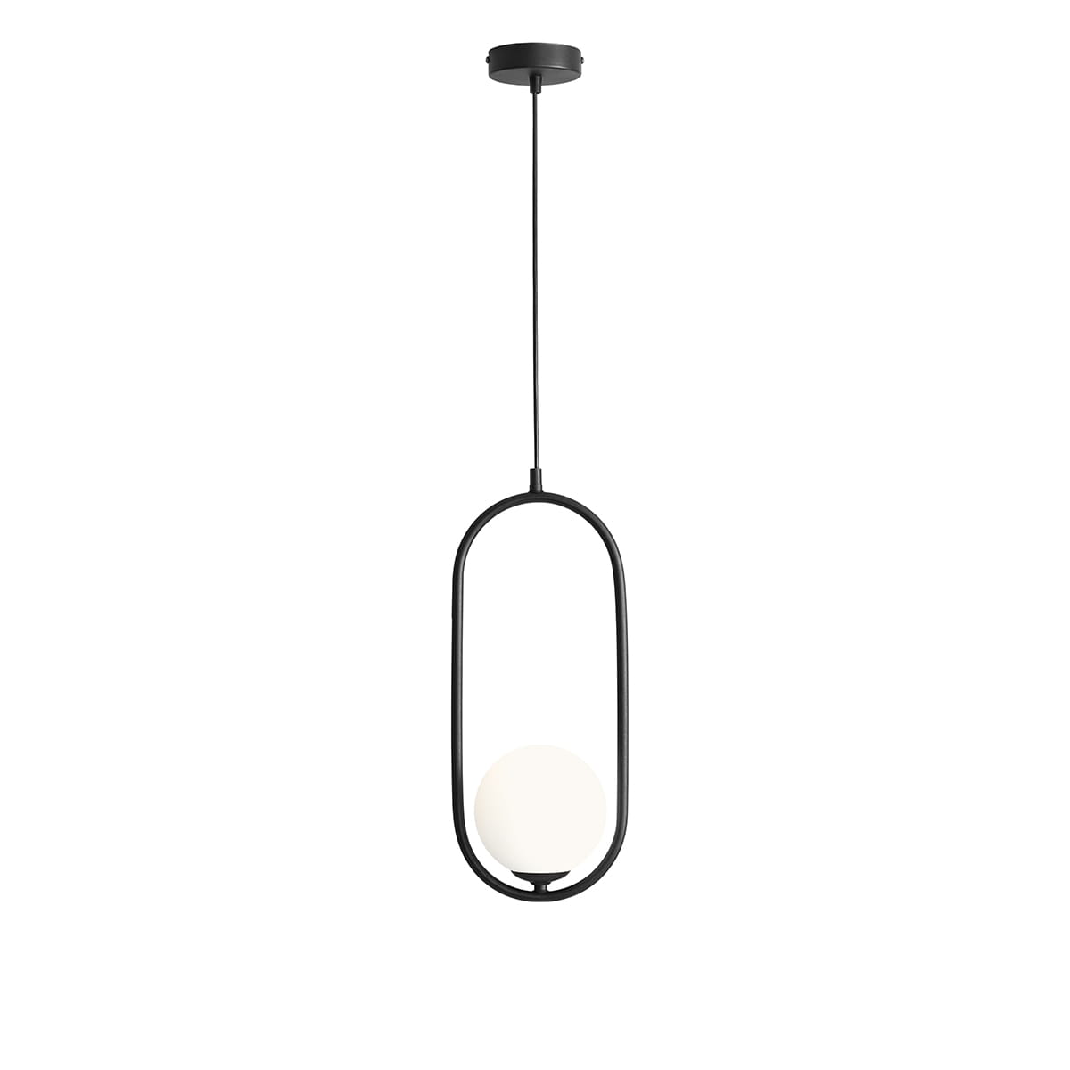 Czarna lampa wisząca Riva 1-punktowa z okrągłą, białą, matową kulą w centralnej części. Lampa zawieszona na cienkim kablu, z metalowym mocowaniem sufitowym. Prosty, nowoczesny design w kształcie owalnym, idealna do minimalistycznych wnętrz.