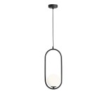 Czarna lampa wisząca Riva 1-punktowa z okrągłą, białą, matową kulą w centralnej części. Lampa zawieszona na cienkim kablu, z metalowym mocowaniem sufitowym. Prosty, nowoczesny design w kształcie owalnym, idealna do minimalistycznych wnętrz.