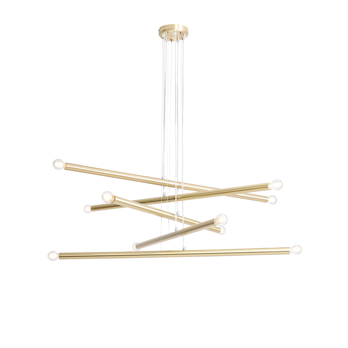 Lampa wisząca Tubo 10-punktowa w kolorze mosiądzu, złożona z metalowych, poziomych rur, z przezroczystymi zawieszeniami i kulistymi źródłami światła na końcach. Ujęcie frontalne, produkt wiszący na białym tle.