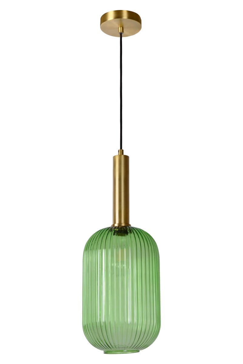 Lampa wisząca Maloto 1-punktowa w kolorze zielonym z mosiężnym wykończeniem. Posiada cylindryczny klosz z fakturą w pionowe prążki, zawieszona na czarnym przewodzie. Ujęcie frontalne, produkt jest w pozycji wiszącej.