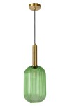 Lampa wisząca Maloto 1-punktowa w kolorze zielonym z mosiężnym wykończeniem. Posiada cylindryczny klosz z fakturą w pionowe prążki, zawieszona na czarnym przewodzie. Ujęcie frontalne, produkt jest w pozycji wiszącej.