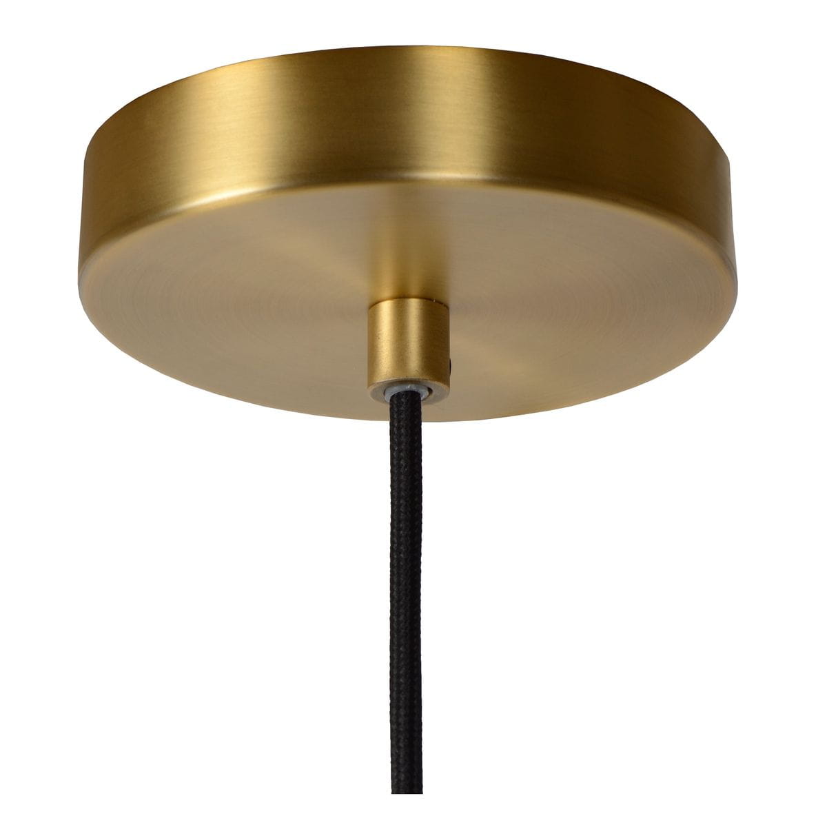 Lampa wisząca Maloto 1-punktowa w kolorze zielonym i mosiądzu. Widoczna okrągła podsufitka z mosiądzu i czarny, teksturowany kabel. Ujęcie z dołu, ukazujące detale mocowania.