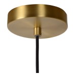 Lampa wisząca Maloto 1-punktowa w kolorze zielonym i mosiądzu. Widoczna okrągła podsufitka z mosiądzu i czarny, teksturowany kabel. Ujęcie z dołu, ukazujące detale mocowania.