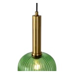 Lampa wisząca Maloto 1-punktowa w zielonym kolorze z mosiężnym wykończeniem. Szklany klosz z teksturowaną powierzchnią, zawieszony na czarnym kablu. Widoczne źródło światła wewnątrz klosza.