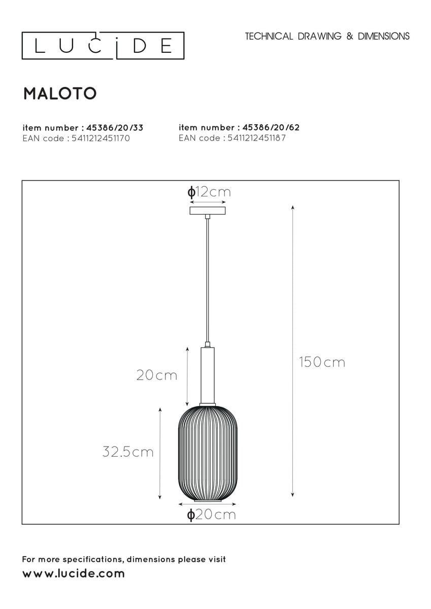 Lampa wisząca Maloto, jednopunktowa, w kolorze zielonym i mosiądzu. Okrągła, teksturowana obudowa o średnicy 20 cm i wysokości 32,5 cm, zawieszona na regulowanym kablu o długości 150 cm. Prosta konstrukcja z eleganckim wykończeniem.