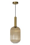 Lampa wisząca Maloto w kolorze bursztynowym z mosiężnymi detalami. Posiada szklany klosz o zaokrąglonym kształcie z pionowymi żłobieniami. Zawieszona na czarnym kablu, montowana do sufitu. Idealna do nowoczesnych wnętrz.