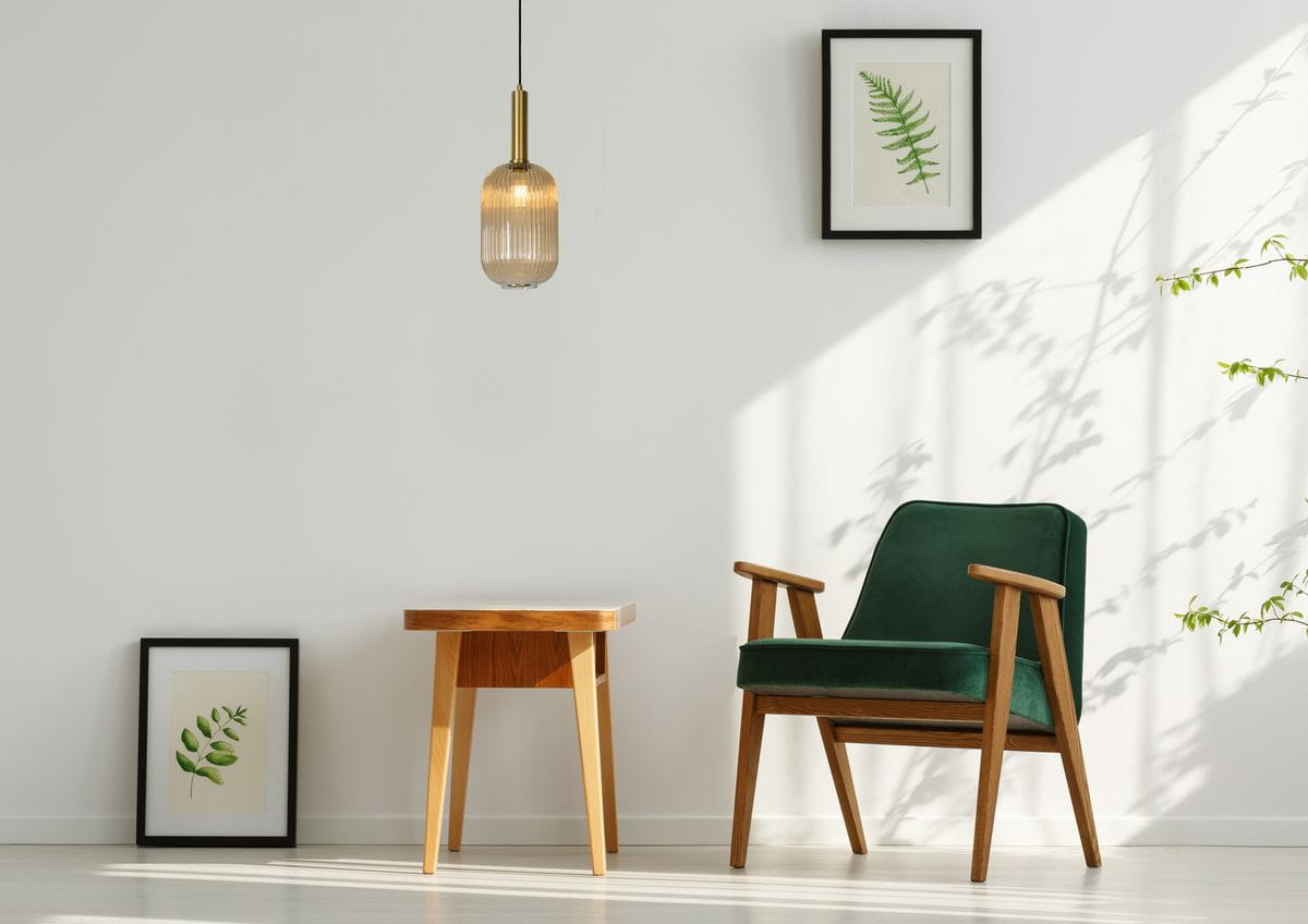 Lampa wisząca Maloto w kolorze bursztynowym z mosiężnym wykończeniem, o cylindrycznym kształcie i fakturze żłobkowanej. Zawieszona z góry w minimalistycznym wnętrzu, obok zielonego fotela i drewnianego stolika.