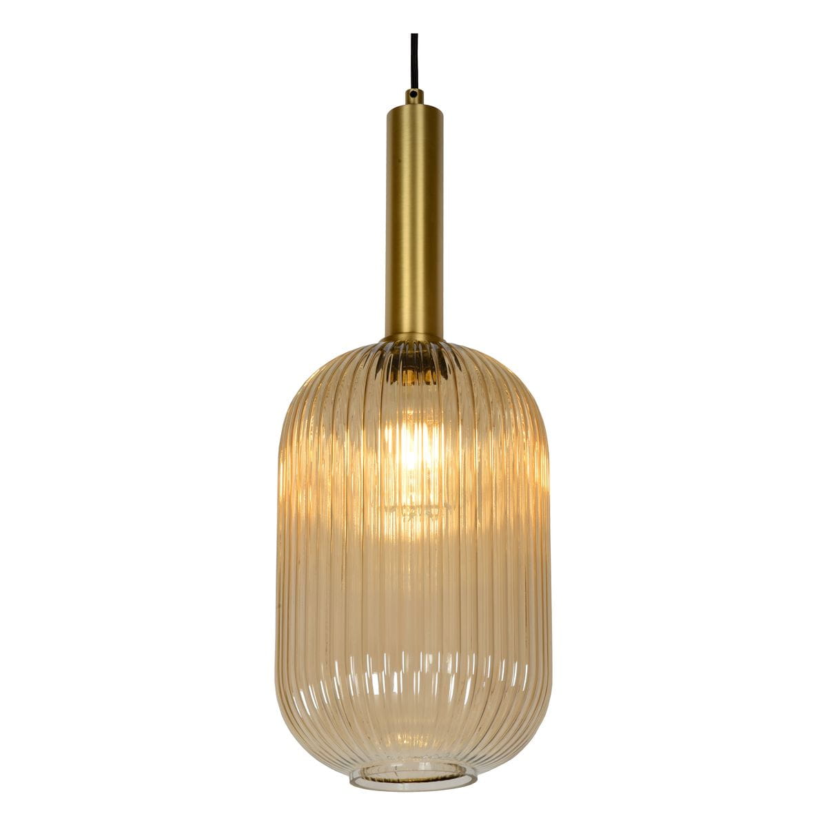 Lampa wisząca 1-punktowa w kolorze bursztynowym z mosiężnym wykończeniem. Okrągły klosz z pionowymi żłobieniami, zawieszony na czarnym przewodzie. Kształt owalny, emitujący ciepłe światło. Idealna do nowoczesnych wnętrz.