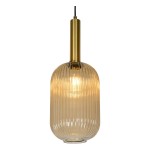 Lampa wisząca 1-punktowa w kolorze bursztynowym z mosiężnym wykończeniem. Okrągły klosz z pionowymi żłobieniami, zawieszony na czarnym przewodzie. Kształt owalny, emitujący ciepłe światło. Idealna do nowoczesnych wnętrz.