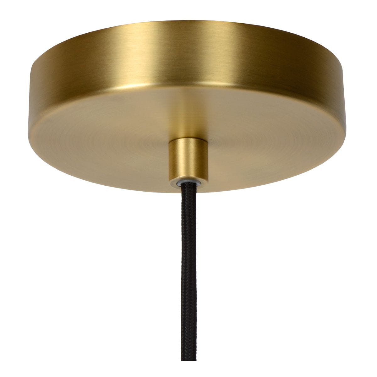 Lampa wisząca Maloto w kolorze bursztynowym i mosiężnym, z okrągłym, matowym kloszem i czarnym przewodem. Widok z góry, prezentujący detale mocowania oraz teksturę materiału.
