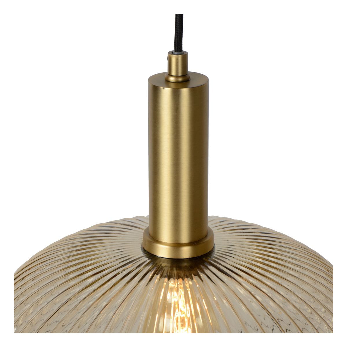 Lampa wisząca Maloto 1-punktowa z bursztynowym kloszem i mosiężnym wykończeniem. Klosz ma teksturowaną powierzchnię, a lampa jest zawieszona na czarnym kablu. Widok z góry, ukazujący detale górnej części oraz źródło światła w środku.
