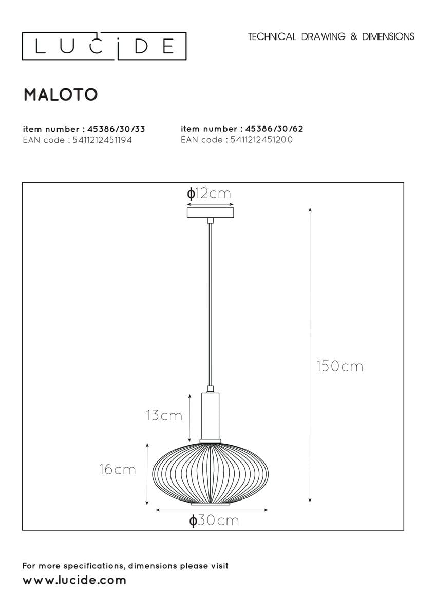 Lampa wisząca Maloto, 1-punktowa, w kolorze bursztynowym z mosiężnymi elementami. Okrągła, z falistą strukturą, średnica 30 cm, zawieszona na 150 cm. Prosta, elegancka forma, idealna do nowoczesnych wnętrz.